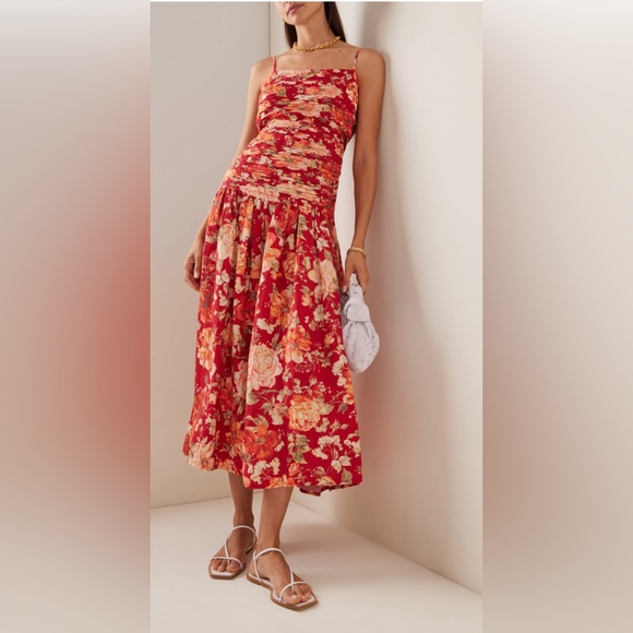 Posse Red Floral Raquel Linen-Blend Midi Dress - Picture 1 of 8